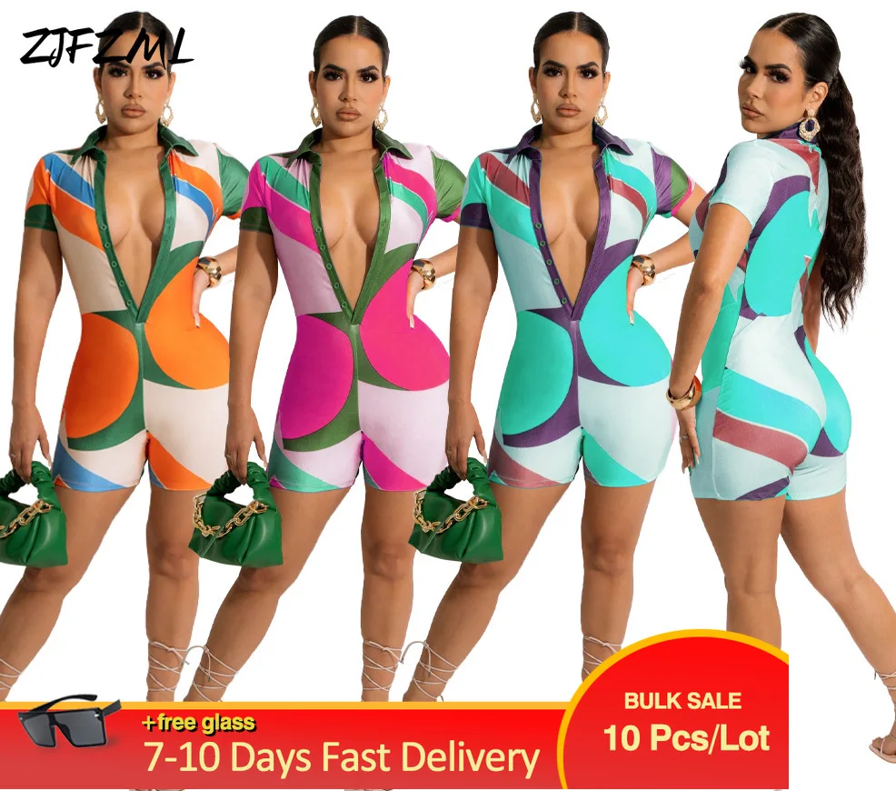 

Bulk Items Wholesale Lots Smart Casual Romper for Women Color Block Print V-neck Short Sleeve Clothes High Waist Skinny Overalls