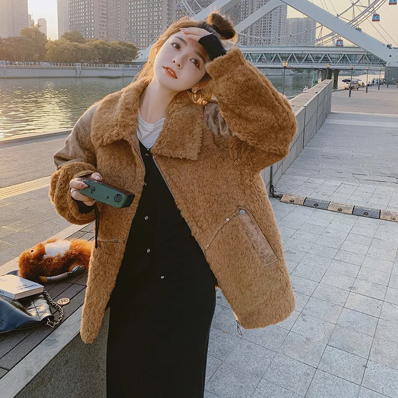 Lamb hair coat for female winter loose thickened retro grain wool coat