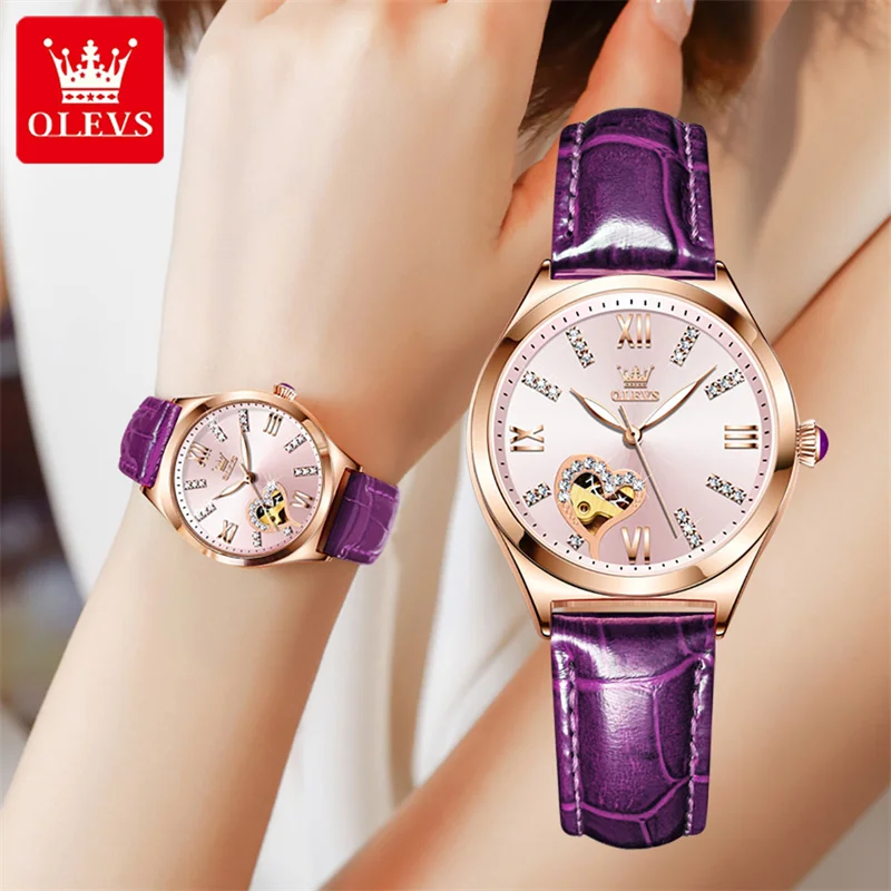 2023 New OLEVS Women's Watches Luxury Brands Automatic Mechanical Women Watch Fashion Rhinestone Purple Leather Ladies Reloj enlarge