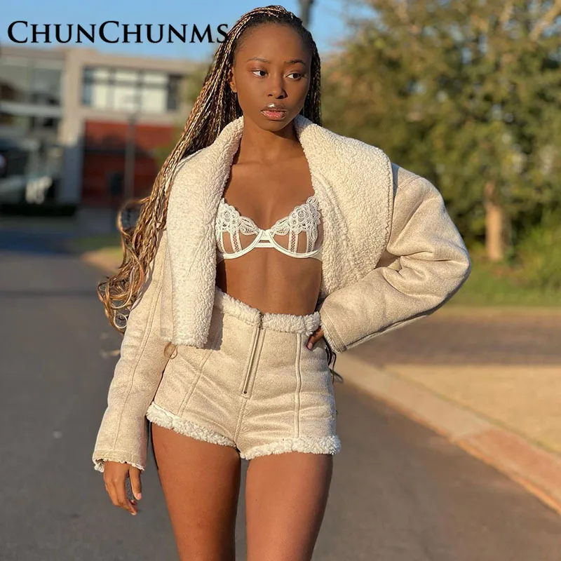 

Winter Lapel Caracule Imitation Sheepskin Jackets Women Warm Long Short Short Cardigan Motorcycle Coats Slim Plush Outwear 2022