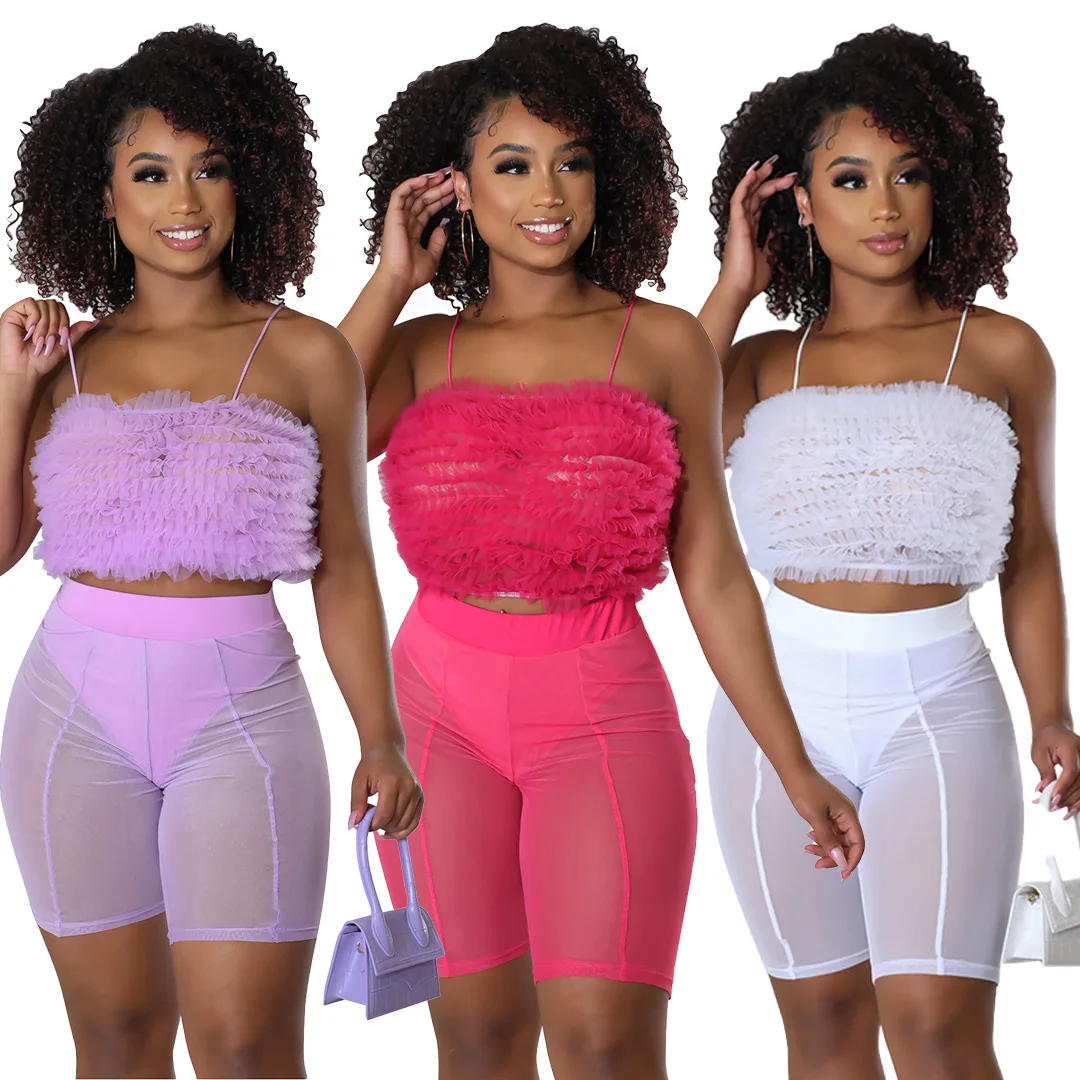 Mesh See Though Women Set Cascading Ruffles Crop Top and Knee Length Legging Suit Beach Two Piece Set Outfit Tracksuit