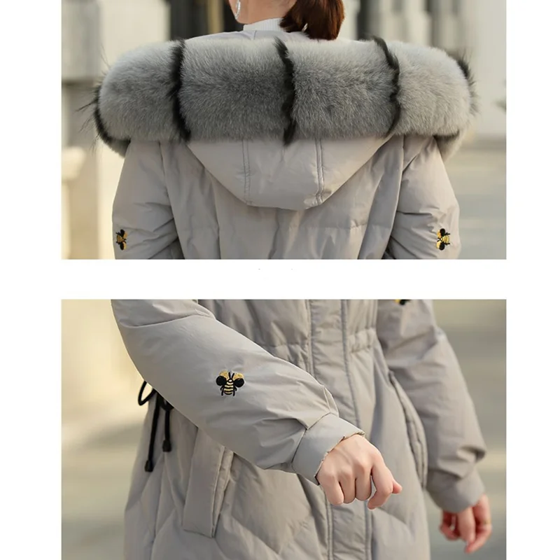 Embroidery Winter Women Long Jacket Hooded Thick Warm Down Cotton Coat Raccoon Fur Collar Parkas Korean Fashion Famale Clothing