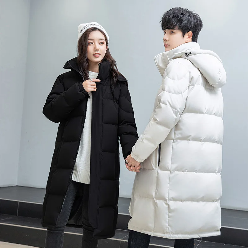 Winter 2021 new men's and women's matching down jackets long knee cap thickened Korean version