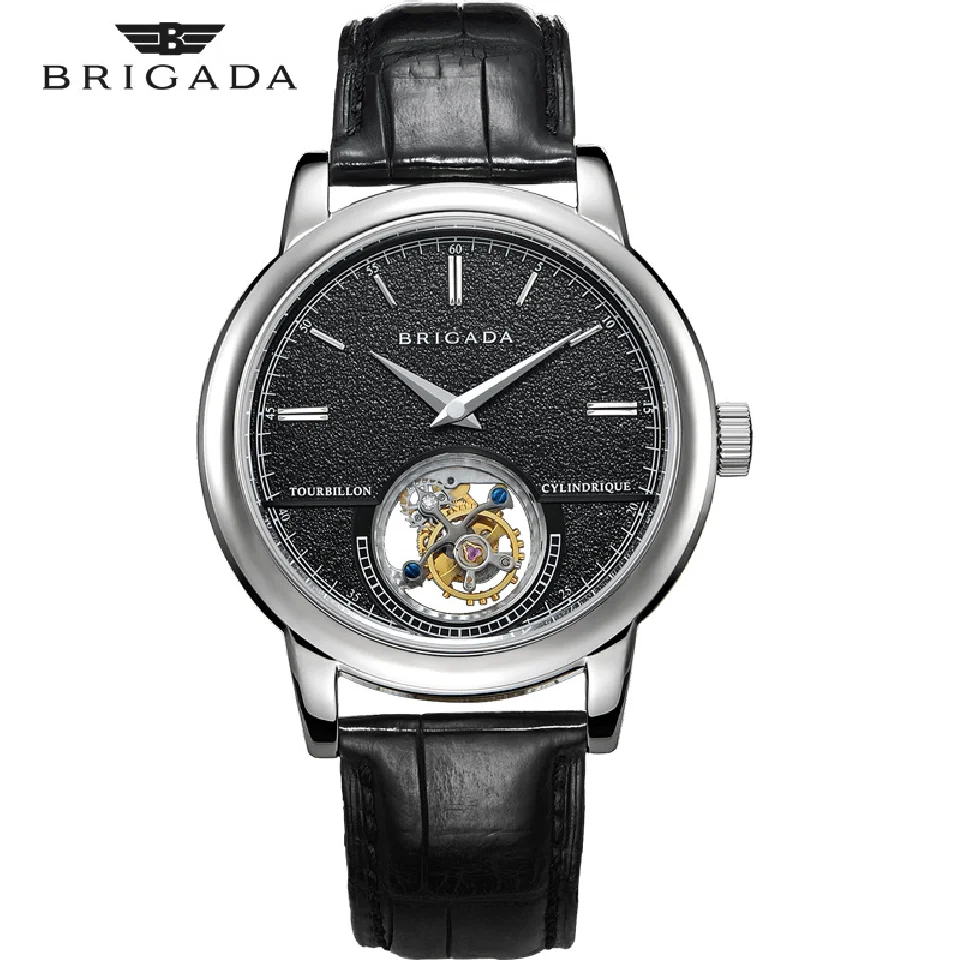 

BRIGADA Luxurious Men's Automatic Tourbillon Self-winding Mechanical Watch Hollow Out ST8002 Seagull Movement Leather Wristwatch
