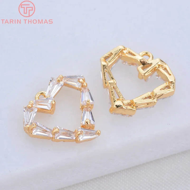 (1172) 4 шт. 11x12 мм 24-каратное золото латунь с цирконом подвески в форме сердца