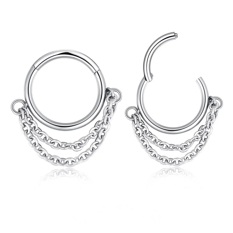 

1pc Nose Ring with Chain Septum Piercing Hinged Segment Clicker Hoop Surgical Steel Ear Cartilage Earrings Tragus Body Jewelry