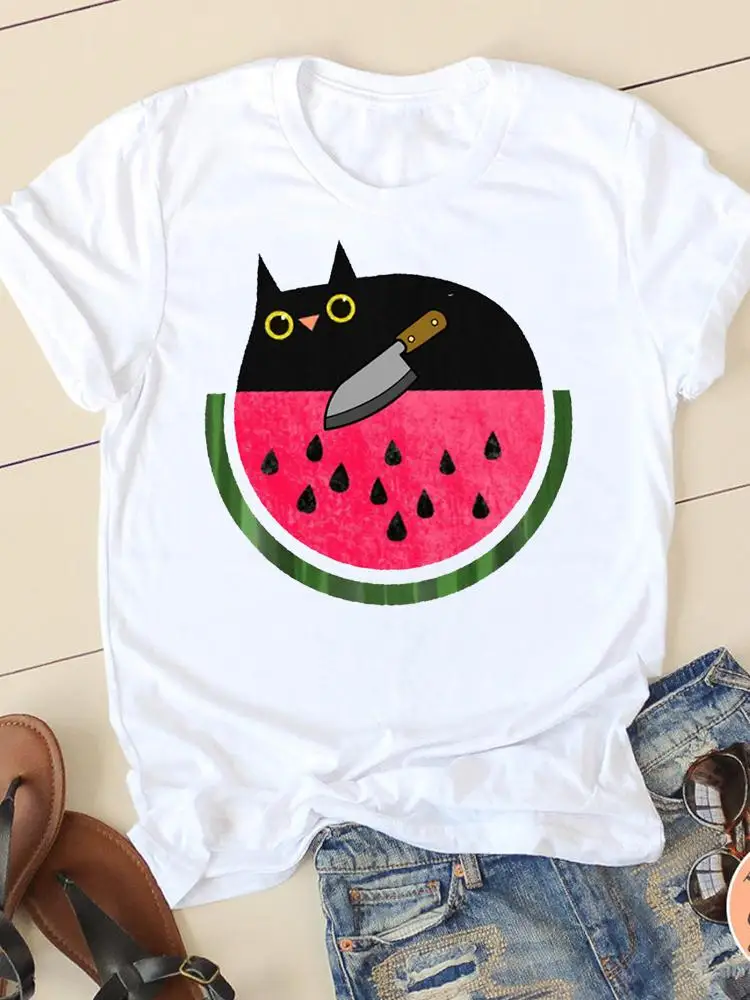

Print T-shirts Cat Funny Watercolor Short Sleeve Ladies Summer Casual Clothing Women Fashion Female T Clothes Graphic Tee