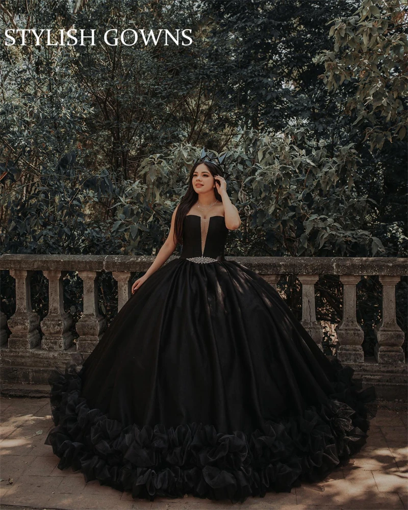 

Black Strapless Quinceanera Dress 2022 Beaded Prom Dresses For Girl Ruffles Ball Gown Graduation Birthday Party Gowns Robe De Ba