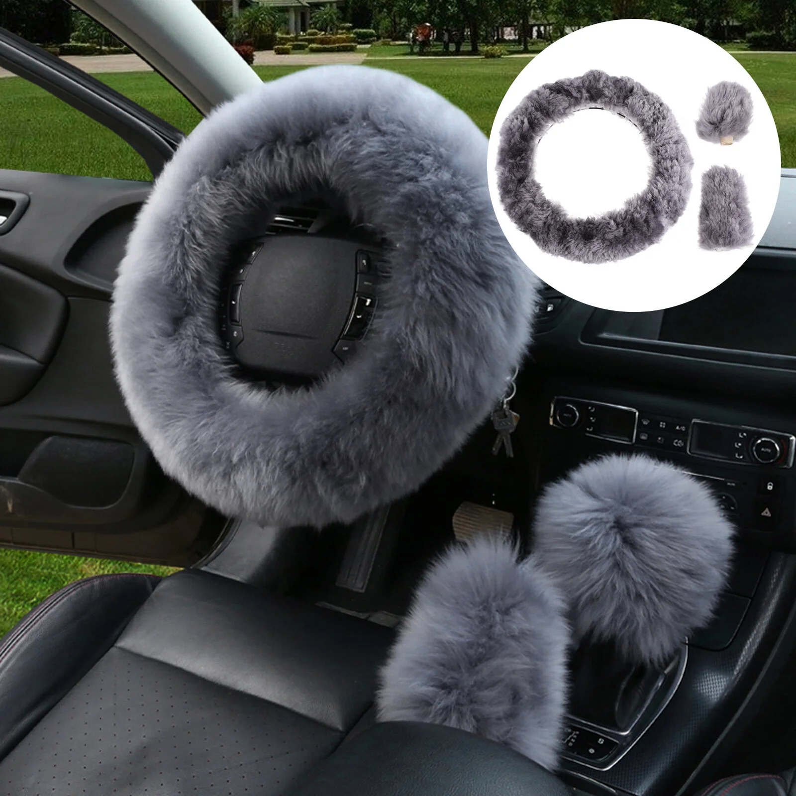 

3pcs Universal Steering Wheel Cover Fluffy Handbrake Gear Cover (Grey)