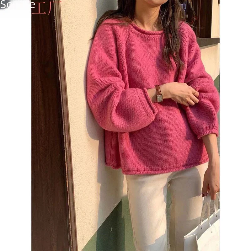 Мягкий эластичный красный свитер с круглым вырезом свободный пуловер топ для