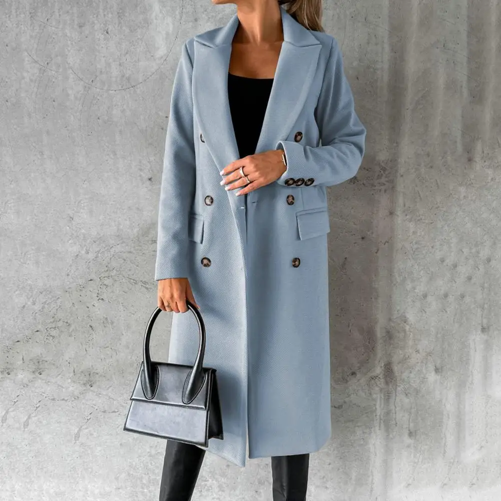 

New Women Long Jacket Slim Fit Double Breasted Solid Color Woolen Coat Autumn Winter Turndown Collar Outerwear Overcoat