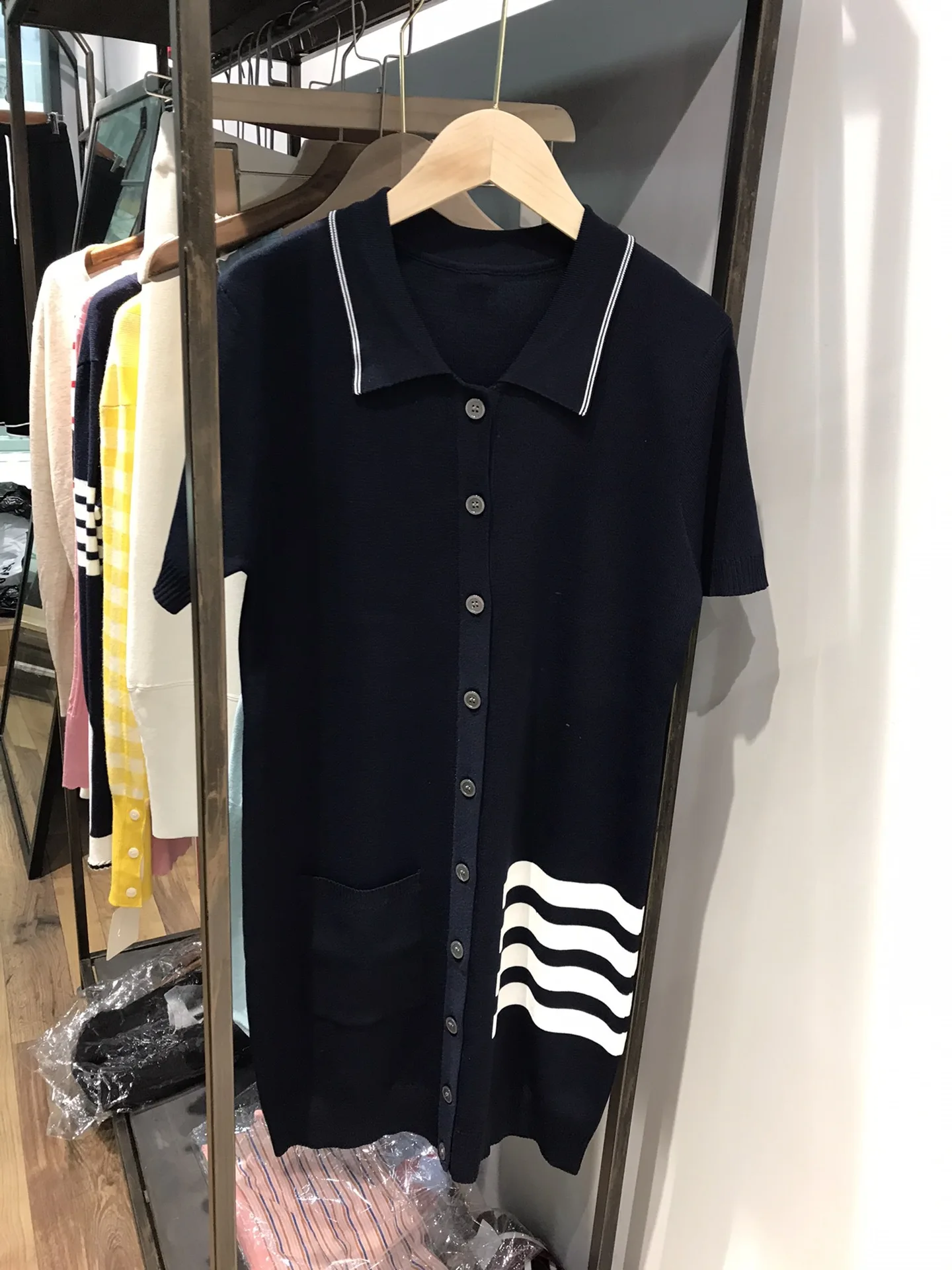 

High Quality Korean Fashion TB Strip Dress Summer Preppy Polo Neck Short-sleeved Knit Skirt Single-breasted Style Skirt