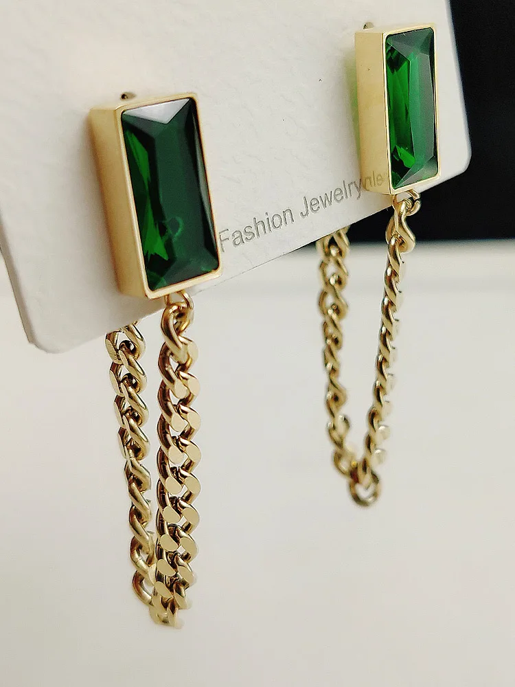 

New Arrival Classic Geometric Rectangle Green Crystal Stainless Steel Chain Tassel Earrings Girl's Unusual Accessories For Woman