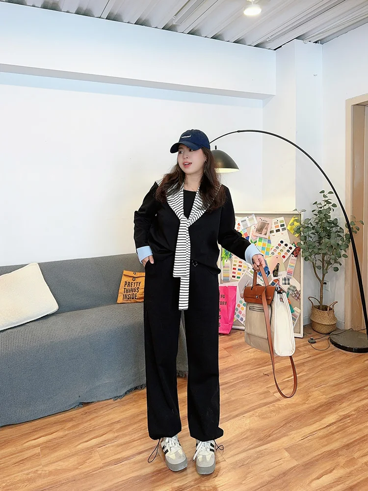 Lace Bottom Plus size women clothing Fat Mm2024 Autumn New Casual Stripe Shawl Hoodie Sweat pants Three-Piece Suit