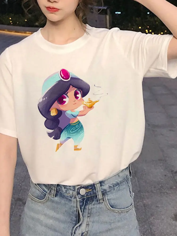 

Women Summer White T Shirt Disney Lovely Princess Aesthetic Trendy Leisure Pattern Printing T-Shirt All-Match Clever Jasmine