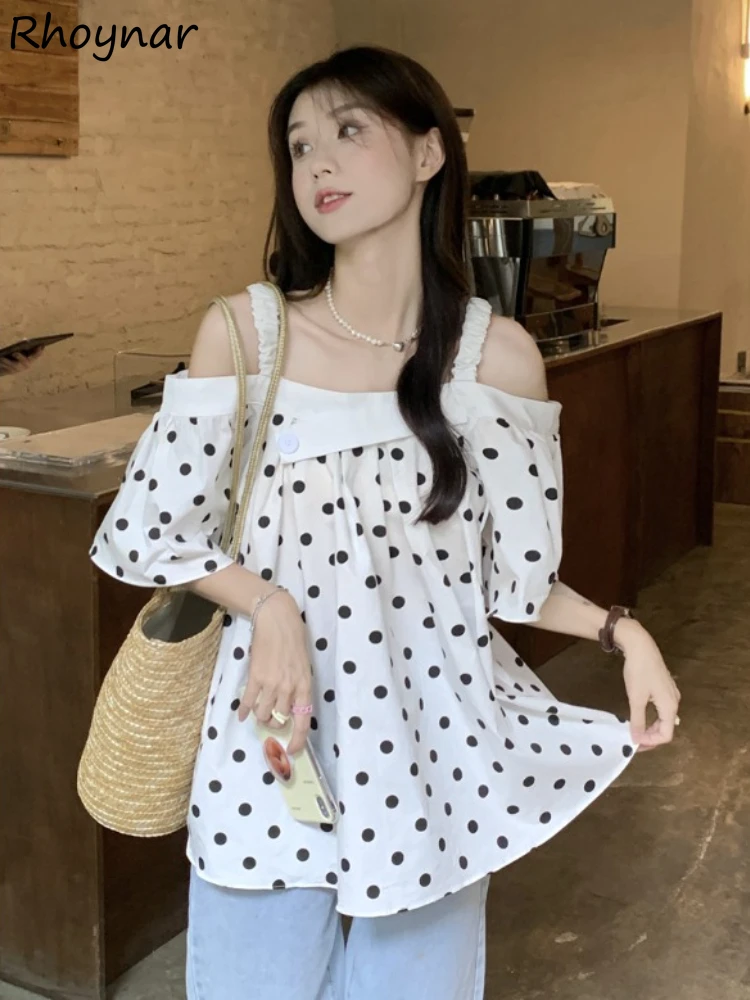 

Shirts Women Dot Off-shoulder Sweet Sexy Retro Fashion Summer New Female French Style Ulzzang Girlish Beach Young Design Prairie