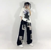 qweek grunge gothic patchwork black jeans pants women vintage streetwear anime oversize wide leg trousers 90s dark academia