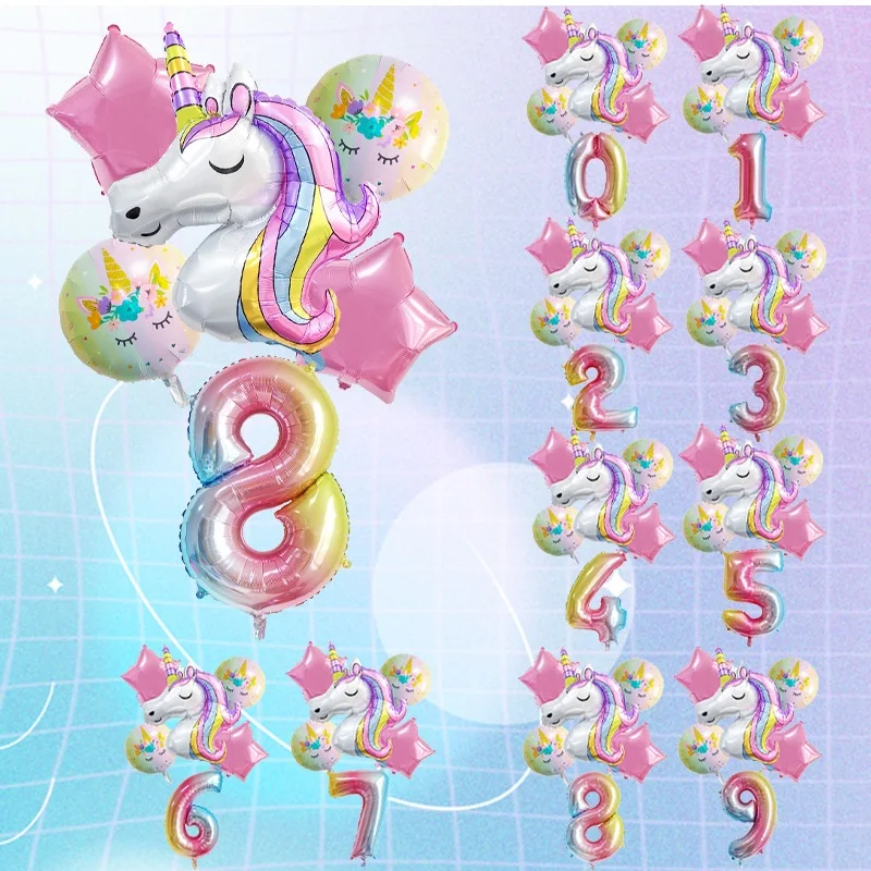 

1Set Rainbow Unicorn Birthday Balloon Cartoon Amnima 32 Inch Number Foil 1st Baby Kids Unicorn Theme Party Decoration Wedding