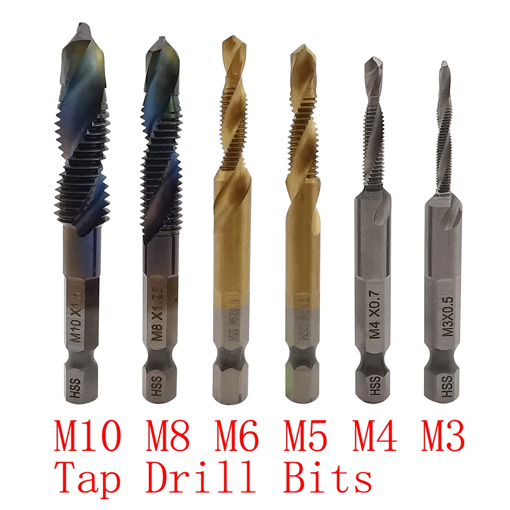 6Pcs Metric Tap Drill Bit Hex Shank Titanium Plated HSS Screw Thread Screw Composite Taps Drill Drilling Tool M3 M4 M5 M6 M8 M10