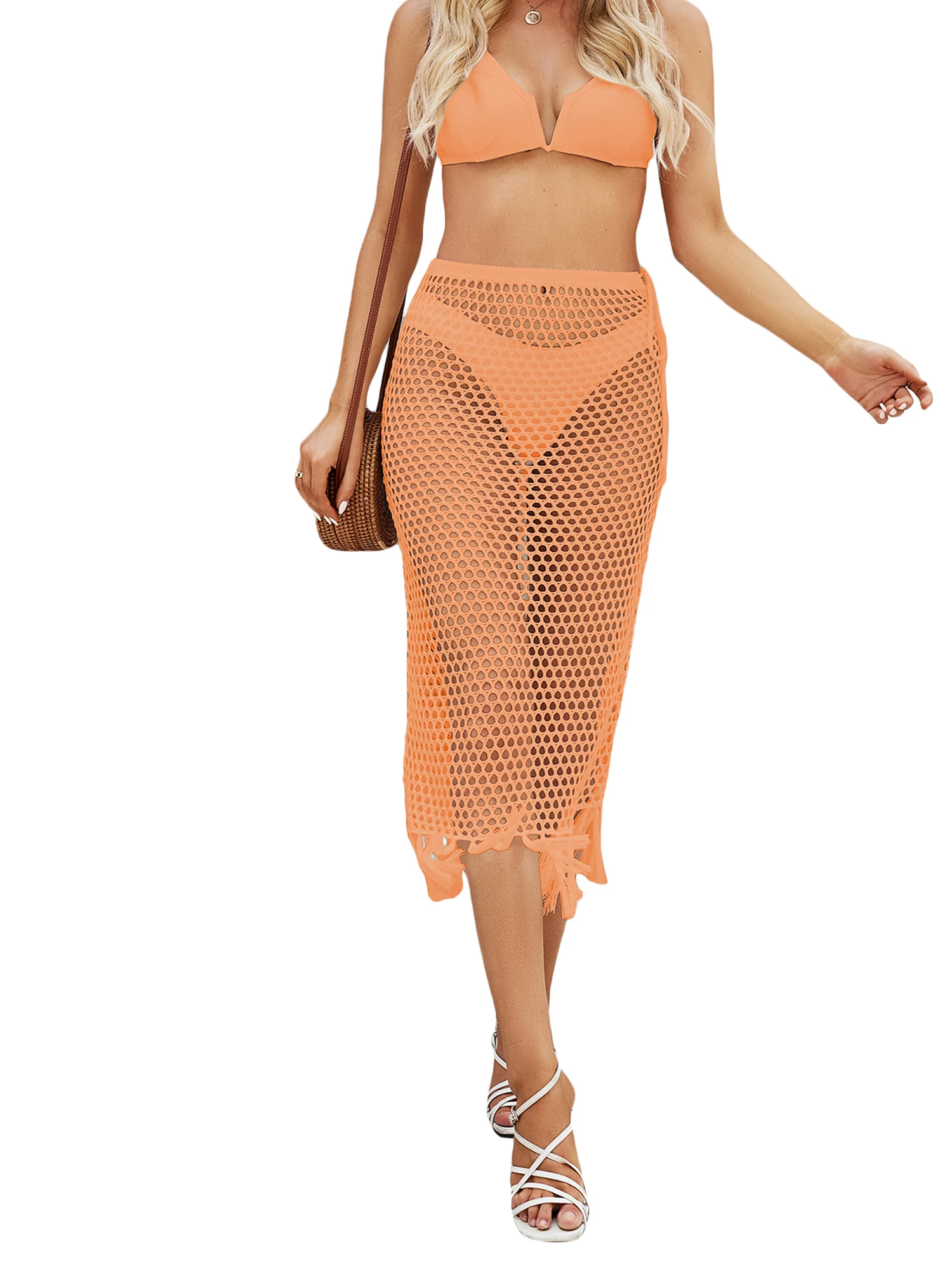 

Hollow Out Crochet Sarong Beach Skirts Summer Bikinis Cover-ups Women High Waist Bandage Tassel Hem Wrapped Midi Skirts