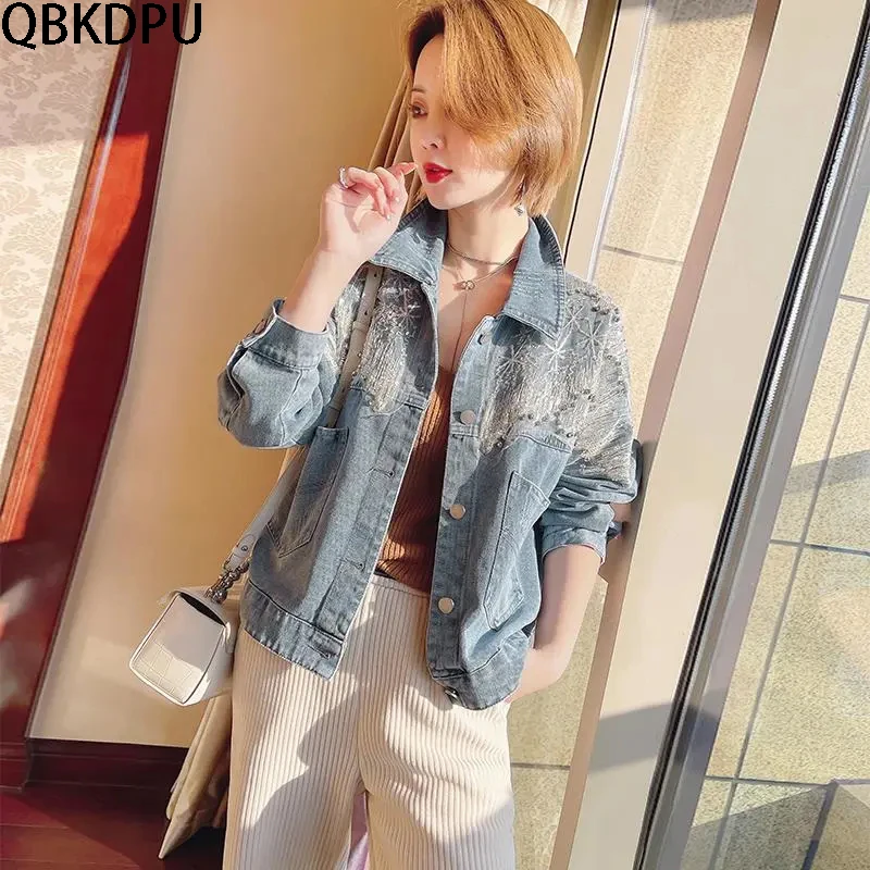New Spring Lace Denim Jackets Coat  Women Tassel Pearl Denim Jacket women Beading Diamonds Jackets Outerwear Coats And