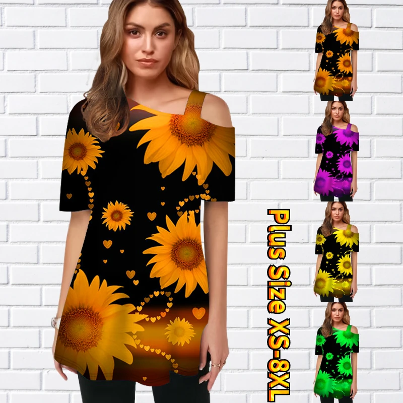 

Женский пуловер с 3D цветочным принтом, летний топ с косыми плечами, Женская Повседневная футболка большого размера, 2022