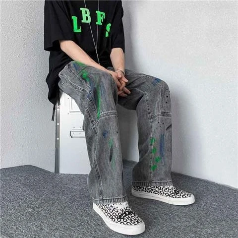 New Graffiti Splash Ink Jeans Men's Brand Clothing High Street Loose Straight-leg Pants Casual Trousers Fashion Men's Streetwear