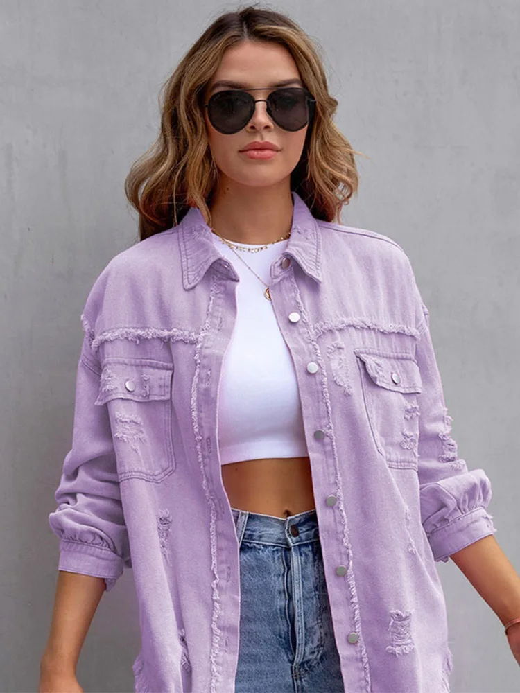 2023 Holes Raw-edges Denim Jacket Women Spring Autumn Shirt Style Jeancoat Casual Top Rose-Red Orange Purple Outerwear Lady Coat