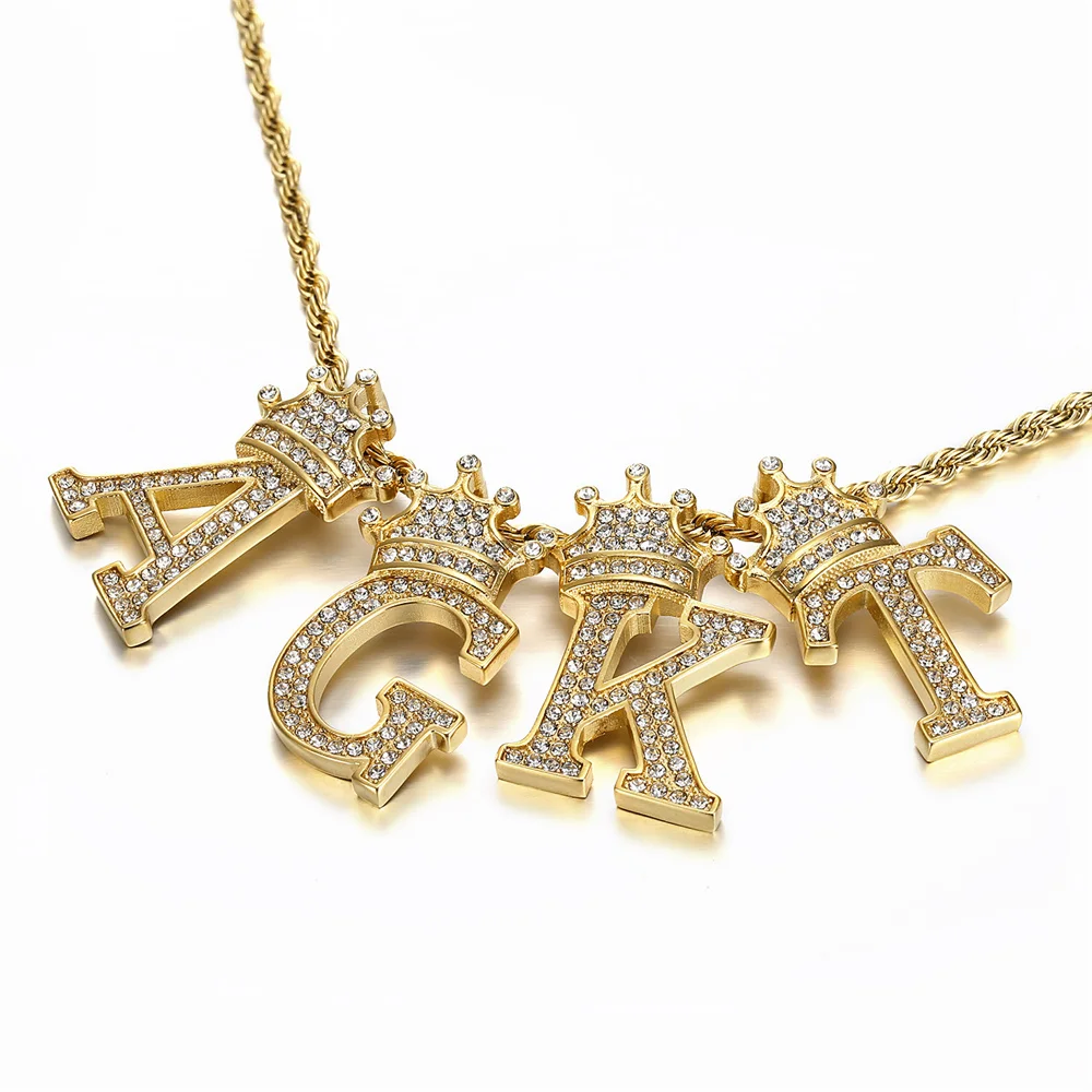

A-Z Alphabet Initial Letter Name Pendant Male Gold Color Stainless Steel Chain Hip Hop Iced Out Tennis Necklace For Men Jewelry