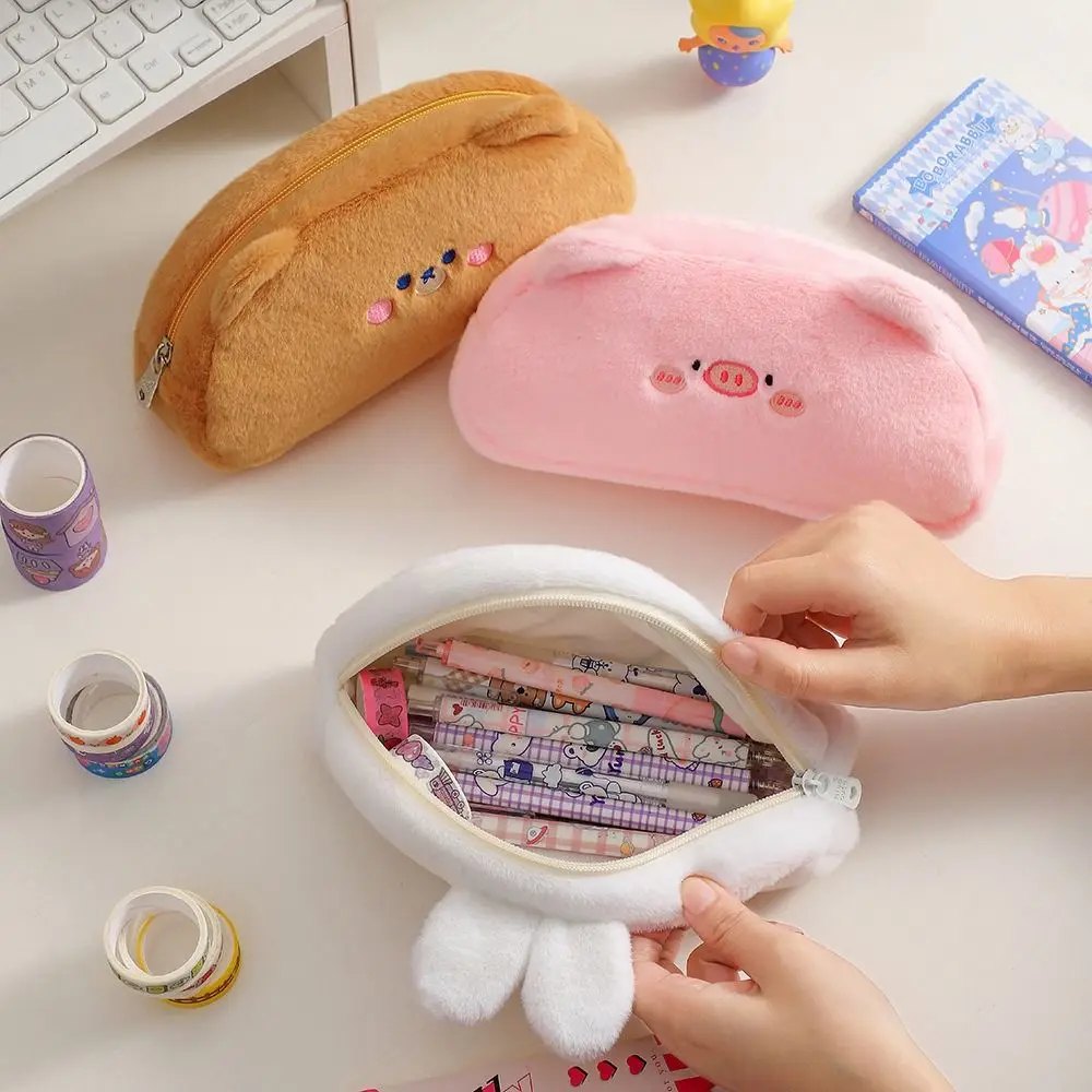 

Desktop Organizer Plush Pencil Bag Cartoon Korean Style Comestic Pouch Stationery Bag Large Capacity Bear Pig Storage Bag