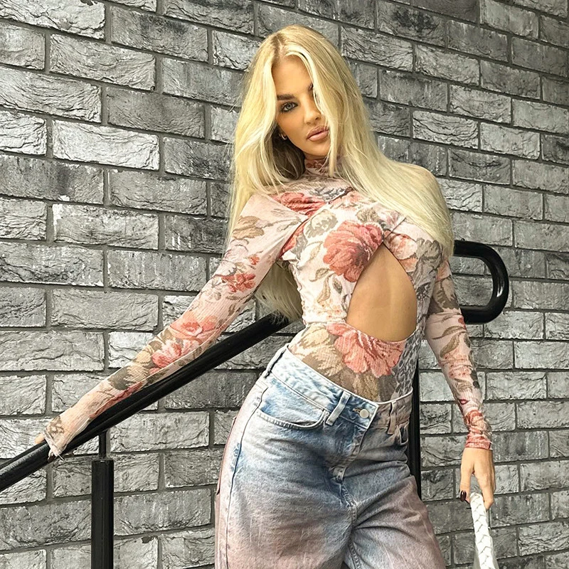 Сексуальные открытые боди с цветочным принтом женские облегающие шорты длинными