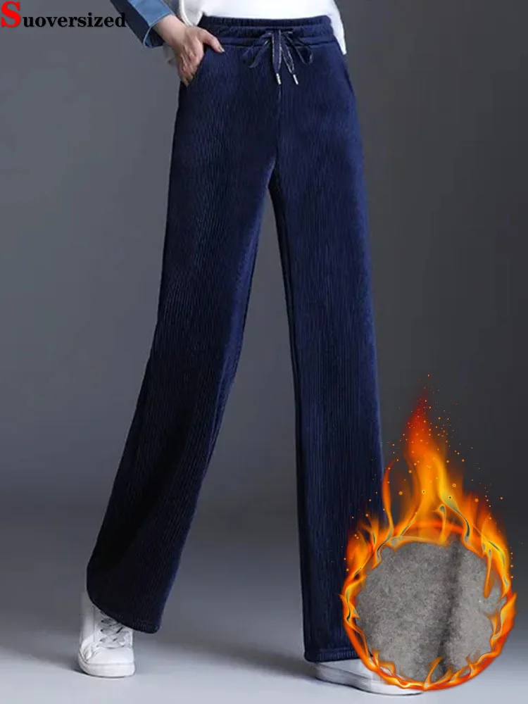 

Winter Plush Velvet Lined Thicken Long Trousers Casual Women New Pantalones Baggy High Wais Straight Wide Leg Corduroy Pants