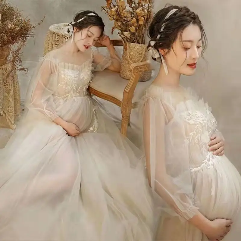 Lace Perspective Maternity Photography Props  Dresses Off-shoulder Dress for Women Pregnancy Photographer Shoot Prop Accessories