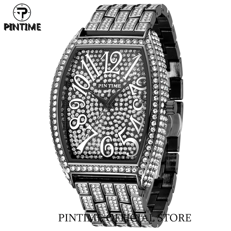 

PINTIME Iced Out Quartz Watch for Men Luxury Full Diamond Hip Hop Rhinestone Gold Stone Big Number Watches Wristwatch Male Clock