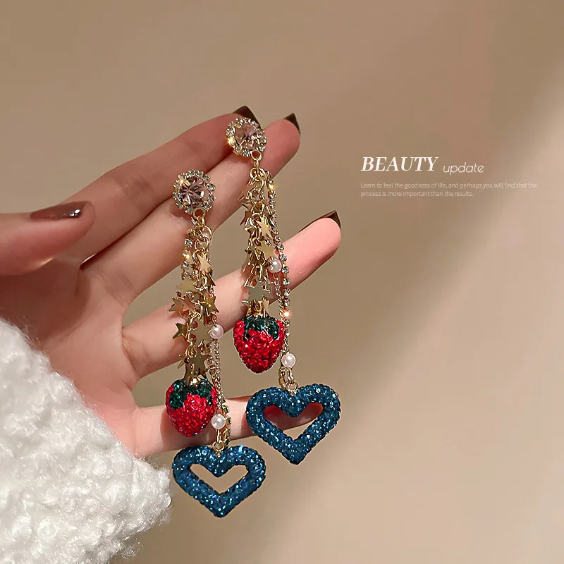 

Серьги-кисточки в виде клубники, сердца, звезды с бриллиантами, корейская мода, длинные кисточки, ювелирные изделия для девочек, подарки, Под...