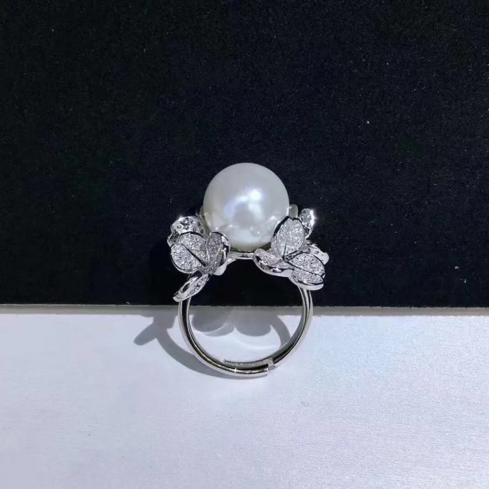 

S925 sterling silver wrapped real gold half hole bead holder ring handmade diy sticky crystal pearl inlay empty holder open ring