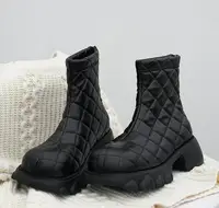 Winter Warming Fur In Black Grid Solid Color Chelsea Short Boots Girls Sqaure Toe Slip On All Match Thick Sole Ankle Booties