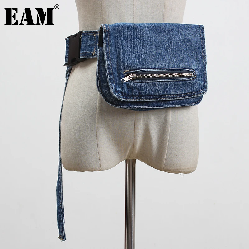 

[EAM] Blue Black Pocket Zipper Denim Buckle Long Wide Belt Personality Women New Fashion Tide All-match Spring Autumn 2022