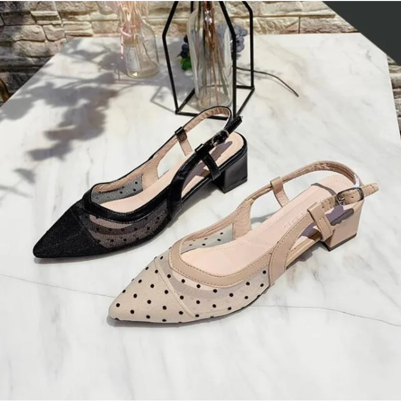 

Summer Breathable Pointed Toe Low Heels Sandals Classics Net Yarn Polka Dot Office Women Shoes Back Strap Footwear Pointed Toe