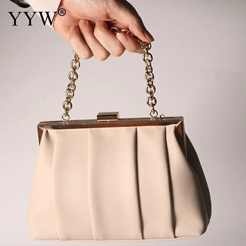 Fashion Solid Color Soft PU Leather Women Handbag Metal Chain Top Handle Bag Casual Large Capacity Lady Exquisite Clutch Tote