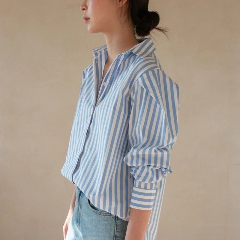 Mid-length Cotton-dyed Cotton Basic Striped Shirt