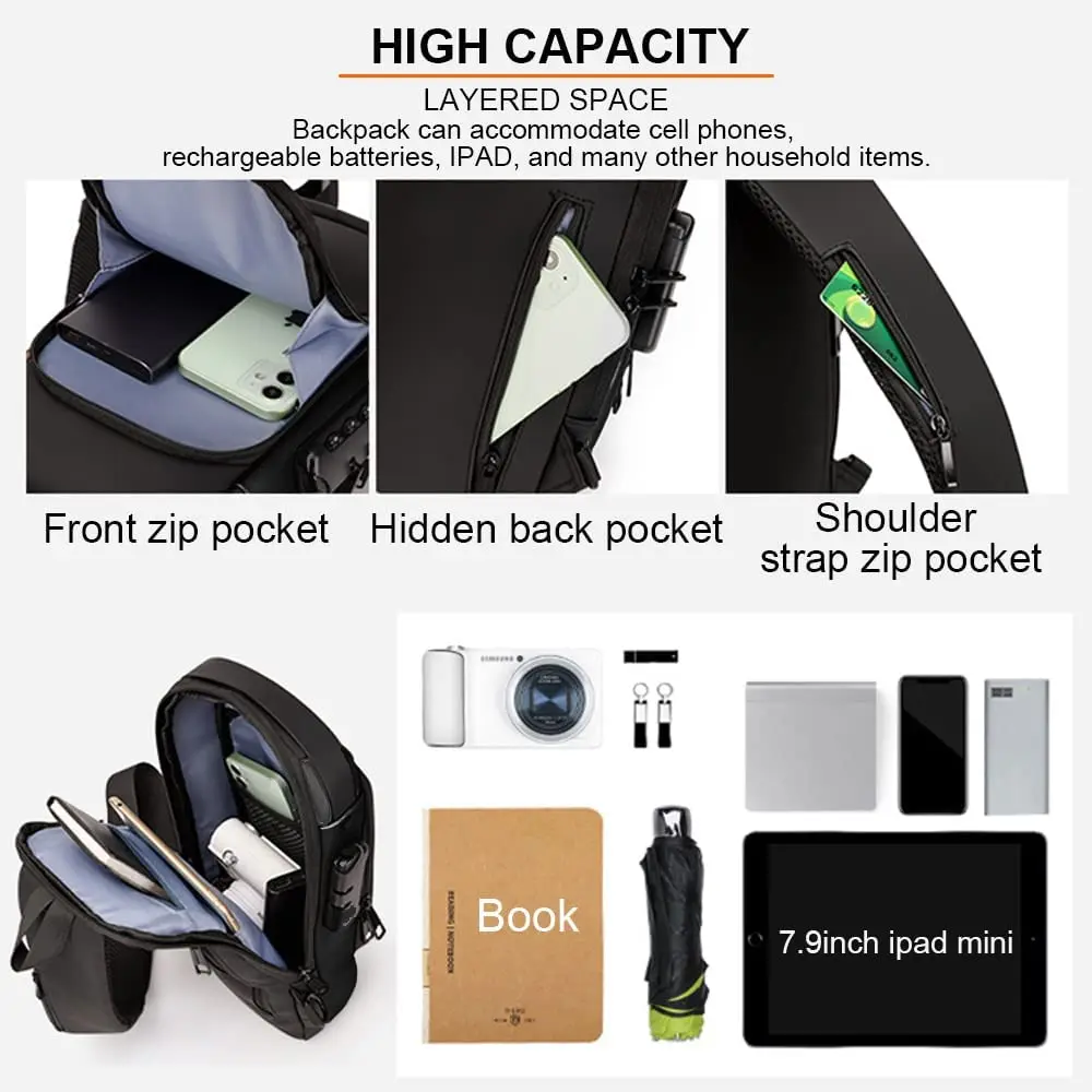 Anti Theft Crossbody Sling Bag,Waterproof Chest Daypack with USB Charging, Shoulder Messenger Bag Backpack for Men Women