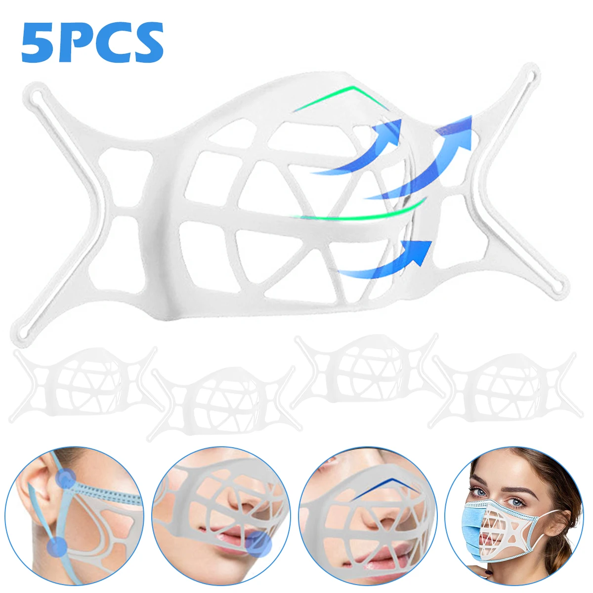 

5Pcs 3D Mouth Mask Support Breathing Assist Help Mask Inner Cushion Bracket Food Grade Silicone Mask Holder Breathable Valve