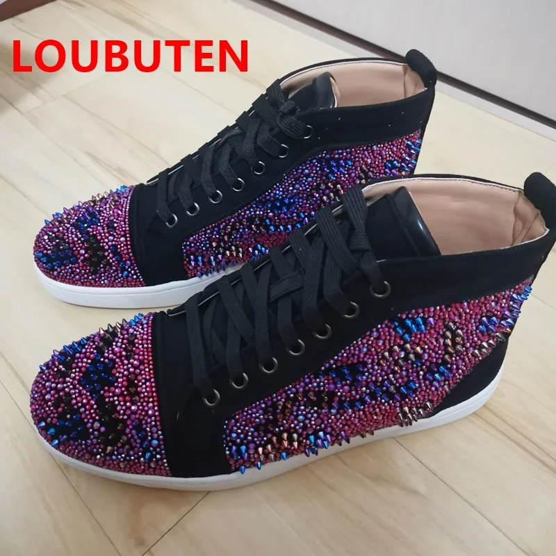 

LOUBUTEN Designer Cow Suede Red Bottom Shoes For Men Loafers Leather Casual Shoes Luxury Crystal Spikes High Top Sneakers