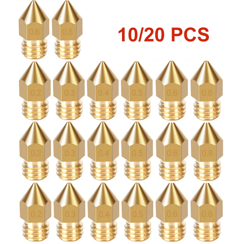 

10/20 Pcs MK8 Brass Nozzle 0.2MM 0.3MM 0.4MM 0.5MM 0.6MM Extruder Head Nozzles For 1.75MM CR10 CR10S Ender-3 3D Printer Parts