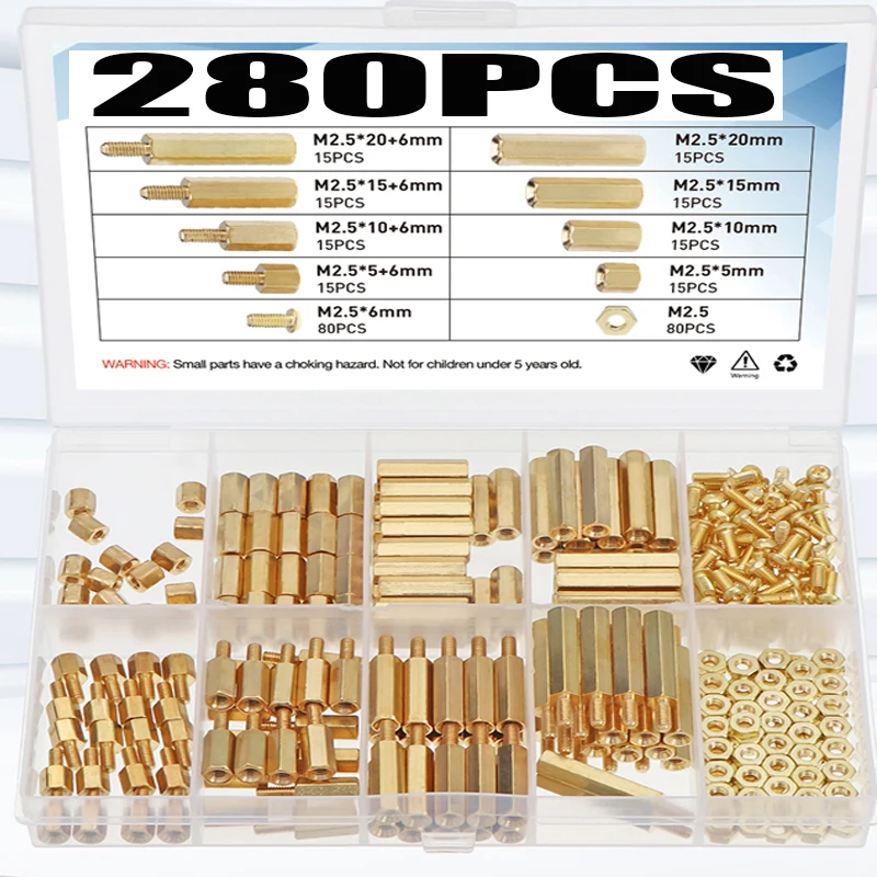 

280Pcs M2.5 Hex Nuts Assortment Kit Head Brass Spacing Double pass Screws Threaded Pillar PCB Computer PC Motherboard Spacer