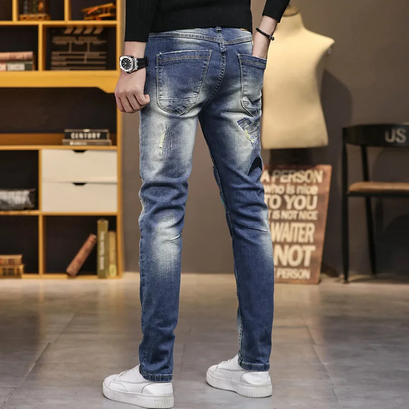 Wholesale 2022 Teenager Men's Embroidery Patch Ripped Autumn Jeans Men's Korean Small Feet Slim Casual Pants Beggar Pencil Jeans