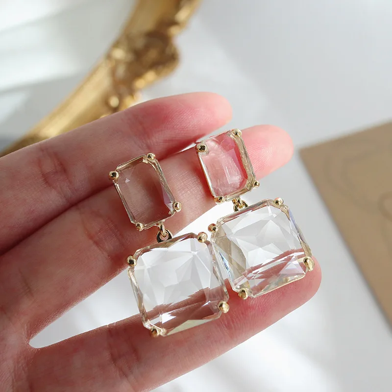 

925 Silver Needle Transparent Geometric Square Crystal Earrings European and American Design Fashion Earrings Women Jewelry