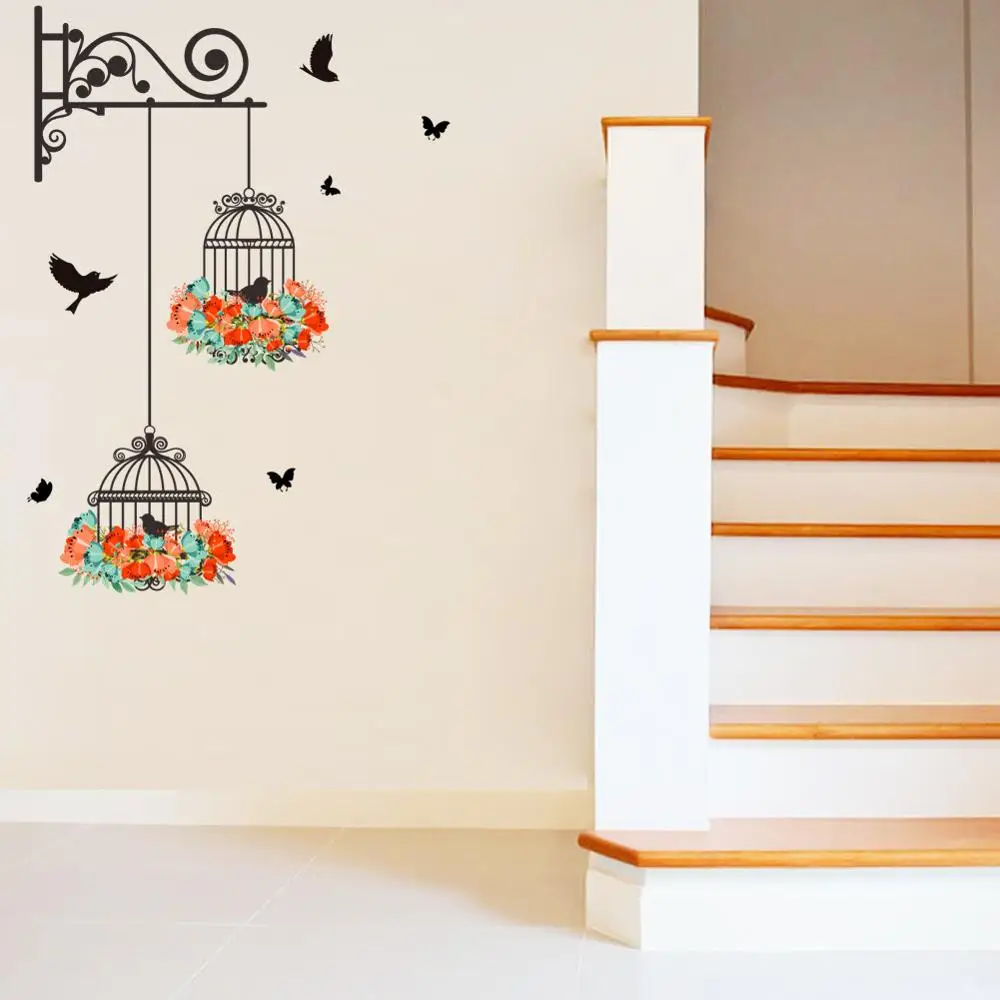 

Colorful Flower Birdcage Flying Birds Wall Sticker Creative Home Decor Living Room Decals Wallpaper Bedroom Nursery Window Decor