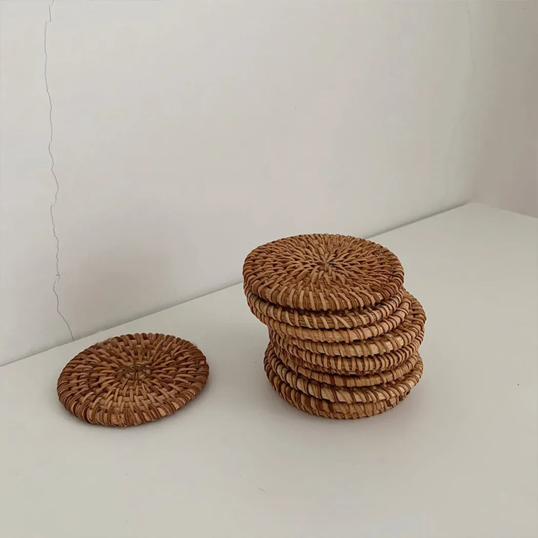 

10CM Handcrafted Woven Rattan Coaster Multi-Use Heat Insulation Anti Scald Round Tea Cup Mat Pot Cushion Pad With Holder